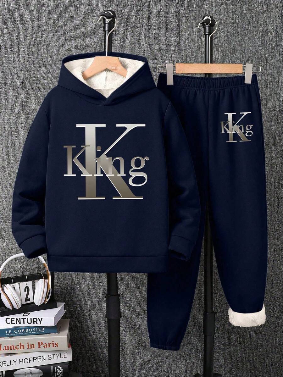 Bộ áo hoodie ấm và quần dài in chữ cho bé trai - Xanh đậm - Xem 1