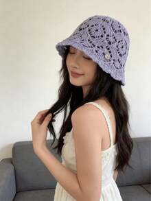1pc Bohemian Style Crochet Bucket Hat, Hollow Lace Knit, Lightweight Breathable Foldable Sun Hat, Summer Beach Hat, Suitable For Women Girls, Travel Holiday Casual - A - View 8