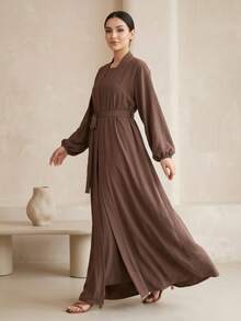 Hafizah 女款純色燈籠袖長袍與洋裝阿拉伯風套裝（不含頭巾） - 棕色 - 查看 6