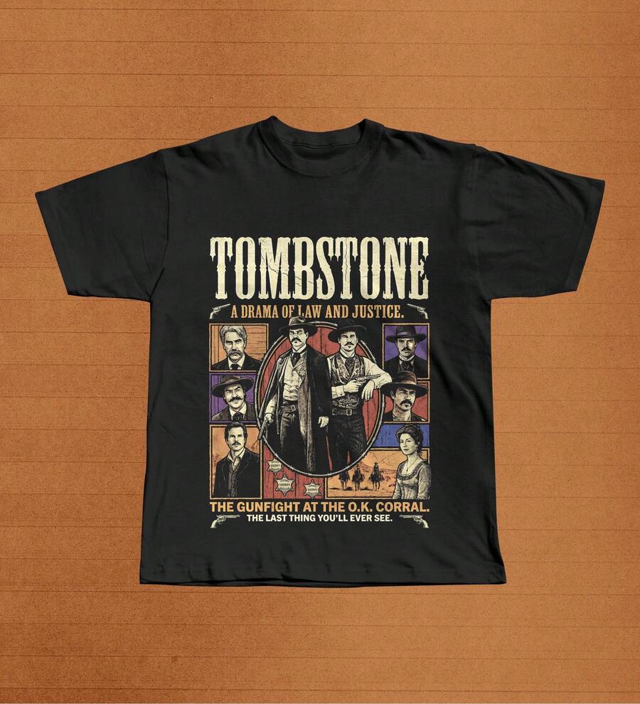 1993 Tombstone Western Movie Graphic T-Shirt Featuring Wyatt Earp And Doc Holliday. - 黑色 - 查看 1