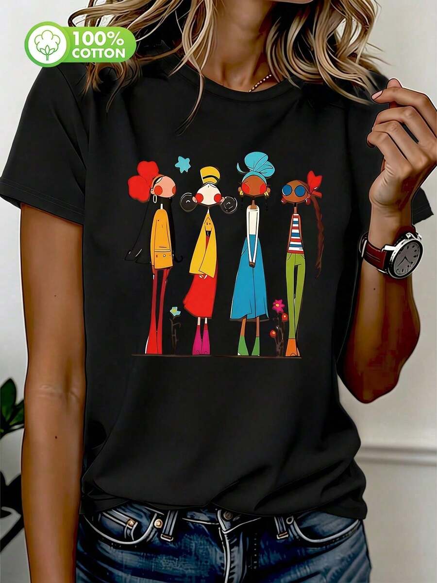 2026 New Women's Pure Cotton T-Shirt - Loose Fit, Round Neck, Printed Short Sleeve Top. Touch, Plus Size Summer Clothing Black Casual - Black - View 1