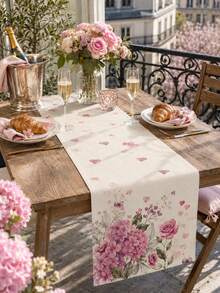 1pc Pink Hydrangea Rose Linen Table Runner, Romantic Floral Heart Print Rectangular Table Runner For Dining Table, Kitchen, Wedding, Bridal Shower, Valentine's Day, Anniversary, Spring Home Decor - Multicolor 4 - View 6