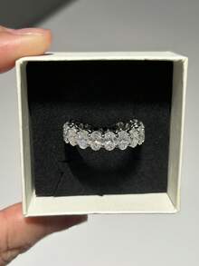 HALPIO 1PC All-Around Moissanite Eternity Ring For Women 4x6mm Oval Cut Moissanite Band Wedding Stacking Ring For Anniversary And Engagement - Silver - View 7