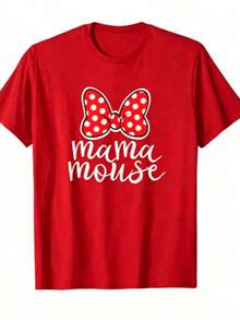 Chic Mama Mouse T-Shirt With Graphic Print, Short Sleeves, Cotton, Round Neck, Casual Style, Ideal Gift For Mom. - 紅色 - 查看 10