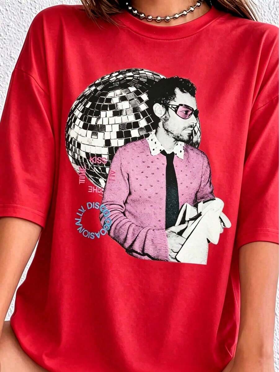 Kiss All The Time Shirt, HS4 New Album Graphic Tee, Harry Fan Tour Style T-Shirt. Women's Fashionable Casual T-Shirt With Creative Print, Short Sleeve, Round Neck, For Spring - 紅色的 - 查看 1