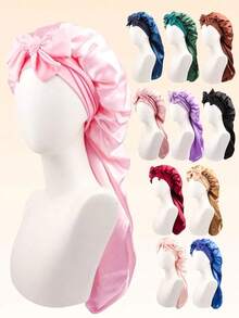 1pc Women's Long Satin Faux Silk Bow Sleep Cap, Large Braid Curly Hair Bonnet For Sleeping And Daily Beauty Use - Multicolor - View 3