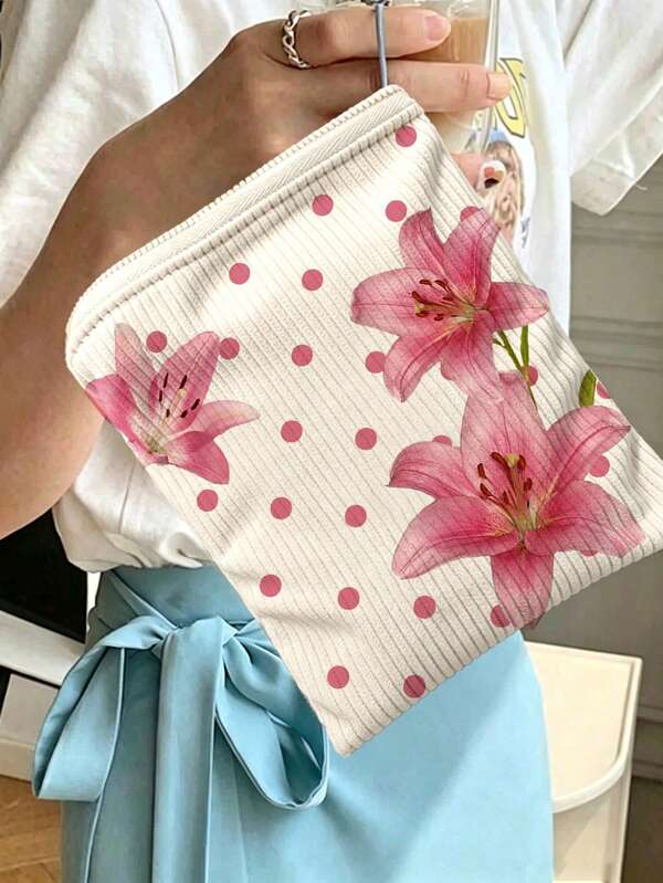 Polka Dot Floral Pattern Corduroy Toiletry Bag, Makeup Bag, Coin Purse, Sanitary Napkin Storage Bag, Suitable For Daily Use/Outdoor/Travel, Travel-Friendly Storage Bag, Medicine, Cosmetics, And Other Small Items Organization, Travel Essential, Christmas Gift, Personalized Gift Bag, Teacher's Day Gift, Small Gift Exchange, Room Decor