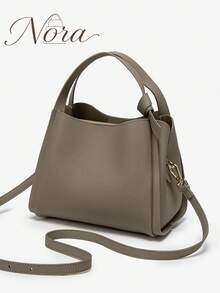Premium Elephant Grey Litchi Texture Basket Bag For Women, Knotted Handle Bucket Bag, Detachable Shoulder Strap, Versatile Commuter Crossbody Small Bag - Grey - View 8