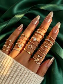 25PCS INS Style Rhinestone Heart Twisted Asymmetrical Thin Ring Set, Heart Rhinestone Braided Wave Rings For Women - Gold - View 1