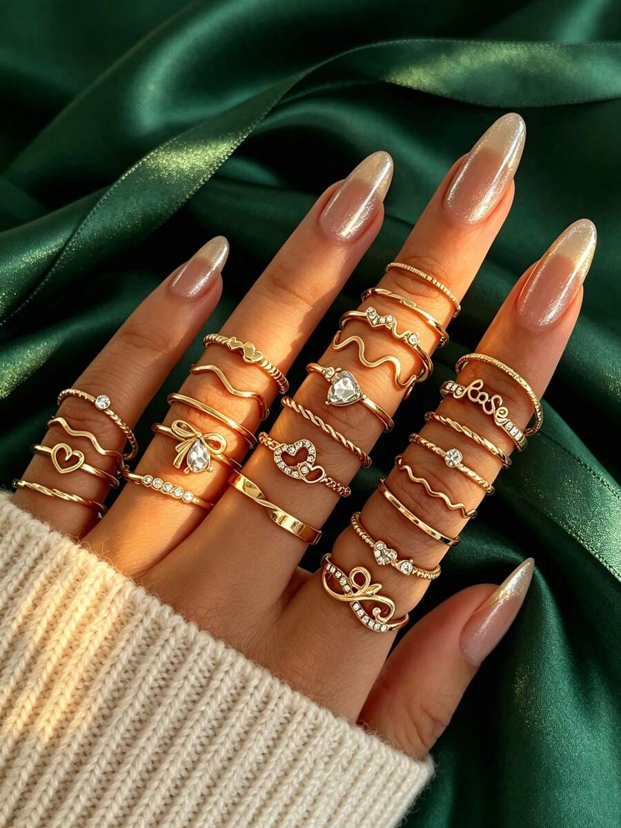 25PCS INS Style Rhinestone Heart Twisted Asymmetrical Thin Ring Set, Heart Rhinestone Braided Wave Rings For Women - Gold - View 1
