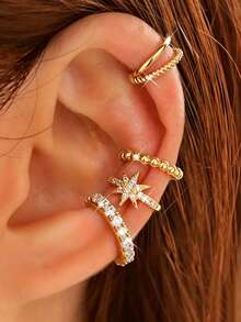 4pcs C-Shaped Ear Cuff - Adjustable Clip-On Earrings For Women Without Pierced Ears - Gold - View 12