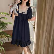 1pc Women's New Short Sleeve Korean Style Girly Solid Color Casual Comfortable Loungewear Nightgown, Suitable For Spring And Summer, Easy Care Fabric - Royal Blue - View 5