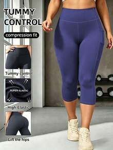 1pc Plus Size Yoga Pants With Pockets, High Waist Slimming Tummy Control Sports Leggings, Capri Length Running Yoga Tights - Royal Blue - View 3