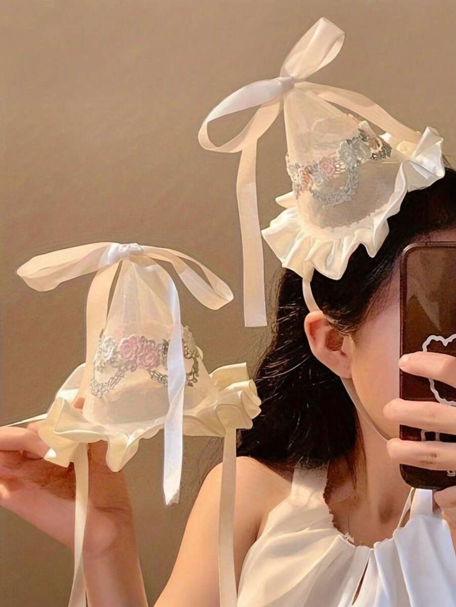 Topi Pesta Ulang Tahun Pernikahan Putri Elegan, Hiasan Pita dan Busur Renda, Cocok untuk Pesta, Acara Bertema, dan Busana Modis, Bahan Akrilik/Kain/Renda - Beraneka warna - View 1