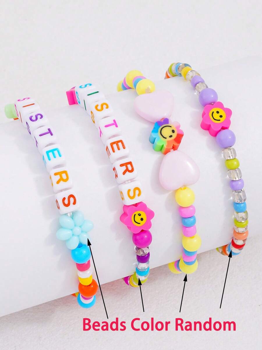 4pcs/Set Smiling Face Flower Sisters Word Beaded Children's Bracelets (Beaded Flower Accessories Random Color) - Multicolor - View 1