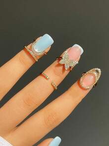 3pcs/Set Armor-Shaped Zirconia Nail Ring With Teardrop Diamond Inlay For Women, European And American Style, Creative And Unique Jewelry, Elegant Personalized Finger Rings, Great For Photography, Fashion Shows, Decoration And Gifts - Gold - View 2