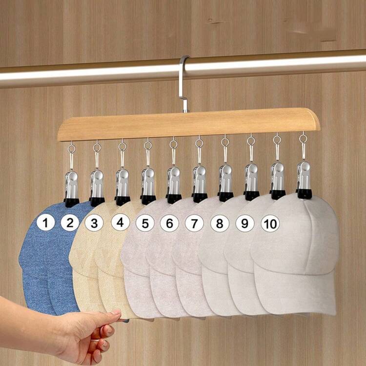 2pcs 10-Hook Wooden Hat Rack - Portable Hanging Hat Storage Rack, Multi-Purpose Clothing Rack, Suitable For Scarves, Belts And Other Items - Space-Saving Home Storage Rack, Perfect For Bathroom, Bedroom, Closet And Dorm - Silver - View 10