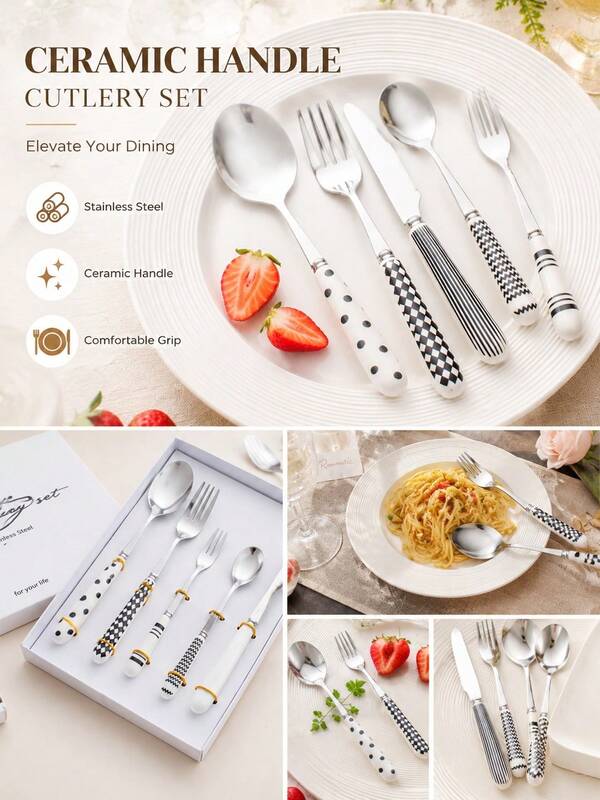 Ceramic Handle Stainless Steel Flatware Set, Vintage Pattern Checkerboard Polka Dot Dinnerware Cutlery Set With Knife Fork Spoon & Dessert Fork, Elegant Tableware For Dining, Tea Party, Wedding, Kitchen & Gift