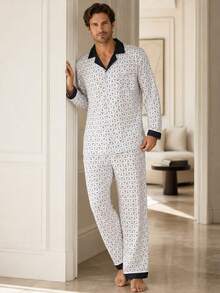 Men's Milk Silk Pajama Set, Geometric Print Lapel Long Sleeve Cardigan With Contrast Trim, 2 Pieces Loungewear - White - View 1