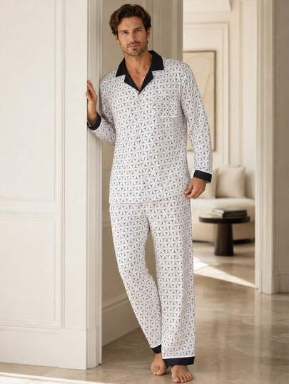 Men's Milk Silk Pajama Set, Geometric Print Lapel Long Sleeve Cardigan With Contrast Trim, 2 Pieces Loungewear