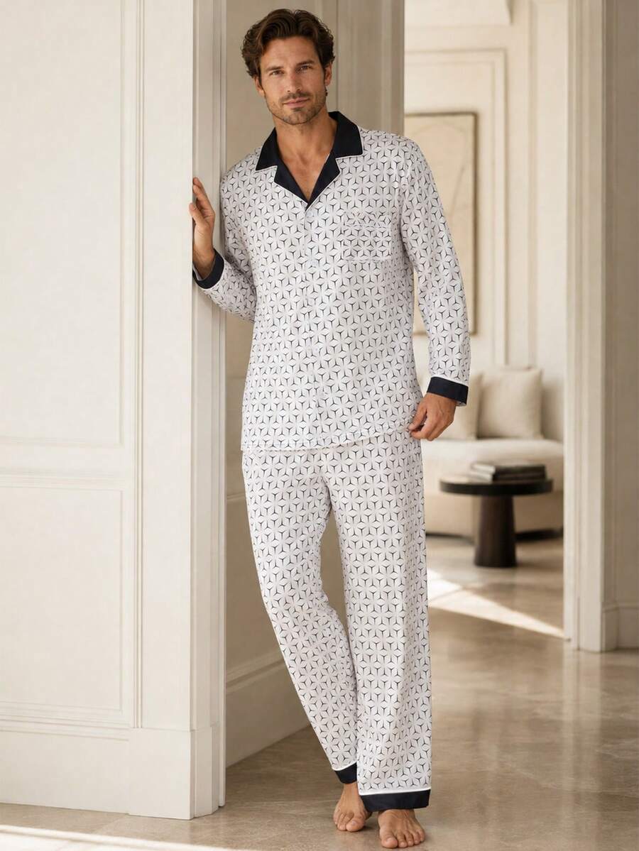 Men's Milk Silk Pajama Set, Geometric Print Lapel Long Sleeve Cardigan With Contrast Trim, 2 Pieces Loungewear - White - View 1