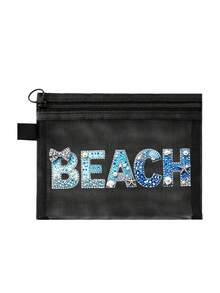 印有「Beach」文字與閃亮水鑽圖案的沙灘網格包，可攜式化妝收納包，適合存放口紅與氣墊粉撲，充滿海岸風情。透明大容量旅行化妝收納袋，夏威夷風網格化妝包，適合沙灘度假、購物、休閒度假、健身，適合作為母親節禮物、情人節禮物、教師節禮物，適合女性旅行、短途旅行與日常出行。 - 彩色 - 查看 15
