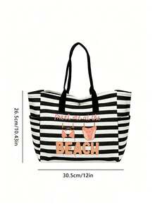 1/2pcs Striped Tote Bag And Cosmetic Bag Set, Printed With "Meet Me At The Beach" Pattern. Casual Tote Bag Style Is Simple And Fashionable, With Spacious Capacity And Versatile Function, Suitable As A Versatile Commuter Bag, Vacation, Travel, Daily Commute And Shopping, Ideal Gift For Friends And Family, New Summer, Travel Essential, Suitable As Women's Birthday Party Gift, Bridal Gift, Suitable For Girls, Women, Girlfriends - Multicolor - View 6
