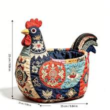 復古拼布雞造型收納籃，中式刺繡花卉布料收納整理盒 - 查看 3
