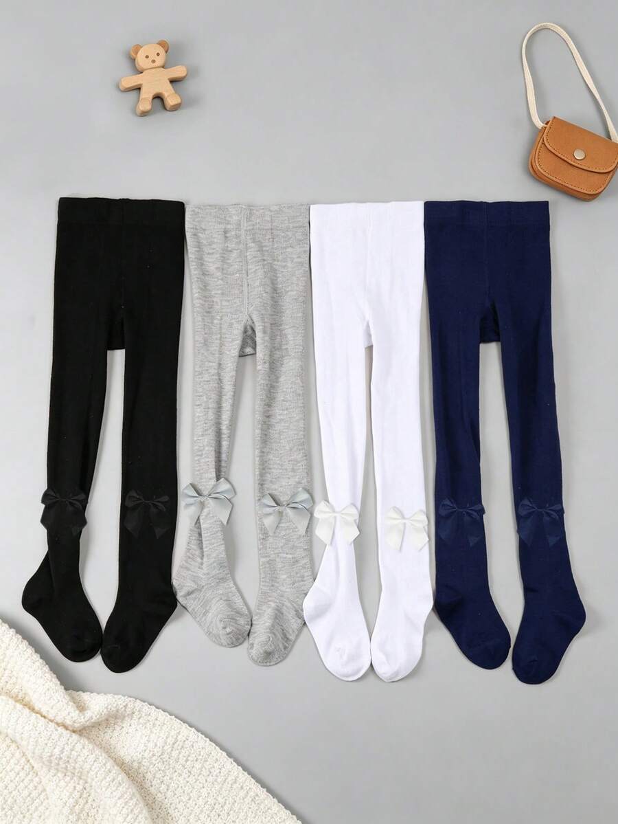 4 Pairs Baby Girls Solid Color Plain Minimalist Leggings Tights, Elastic Comfortable, Versatile Leggings For Young Girls Suitable For Daily Wear