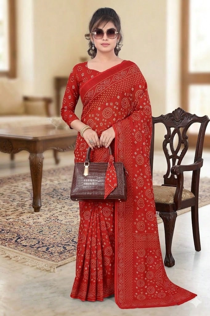 Estationeryhouse Bandhani Circle Print Saree With Unstitched Blouse Piece - Red - View 1