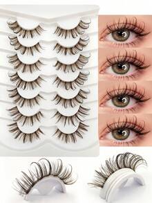 7 Pairs Brown Cartoon False Eyelashes, Transparent Stem, Suitable For Cartoon Style Eye Makeup, Reusable, Wet-Look Pointed Style, Daily Commute Travel Party Gift - Brown - View 3