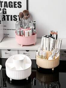 1pc White/Pink/Yellow 360° Spinning Pen Container, Desktop Storage Box For Makeup Brushes, Eyebrow Pencils And Stationery, Universal Organizer For Home Desk & Vanity, Multi-Grid Divided Easy Access, Luxury Metal Leg Table Decor - Multicolor - View 8