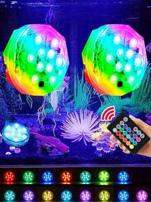 CanLing 2入組 RGB LED 水下潛水燈，彩色遙控水下泳池燈，多色防水，15色3模式，電池供電浴缸氛圍夜燈，派對池塘噴泉景觀創意花瓶魚缸裝飾氛圍燈 - 2 Pack RGB Submersible Light with Remote - 查看 1