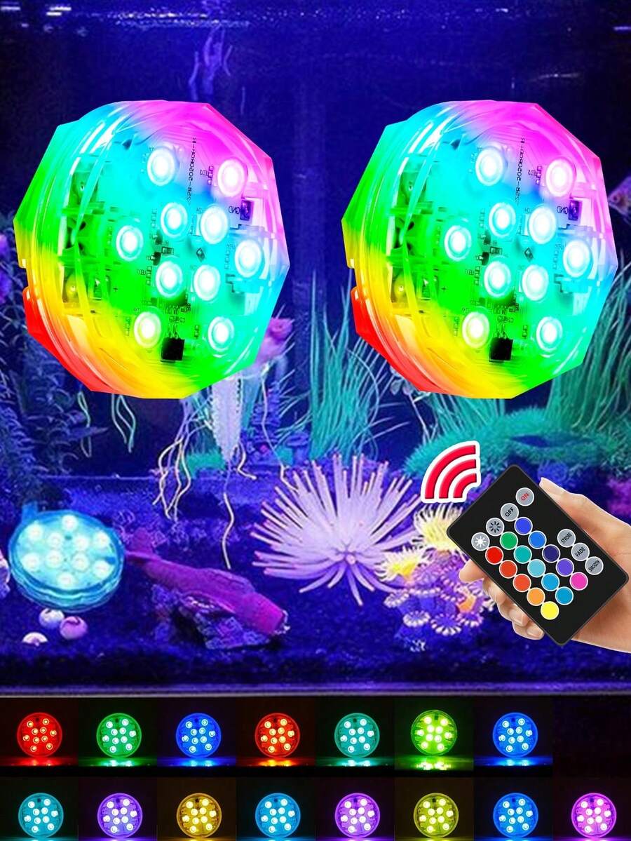 CanLing 2入組 RGB LED 水下潛水燈，彩色遙控水下泳池燈，多色防水，15色3模式，電池供電浴缸氛圍夜燈，派對池塘噴泉景觀創意花瓶魚缸裝飾氛圍燈 - 2 Pack RGB Submersible Light with Remote - 查看 1