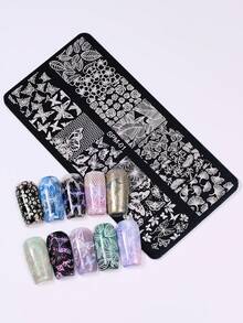 1pc Summer Floral Leaf Butterfly Nail Art Stamping Plate, Minimalist Line Flower & Leaf Pattern Nail Template, Reusable Stainless Steel Nail Art Tool Template, Salon DIY Accessory - Silver - View 6
