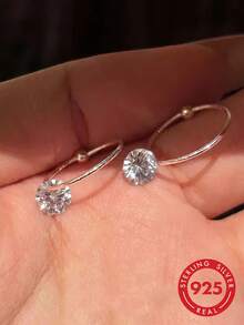 BALMORA 1 Pair Minimalist S925 Sterling Silver Transparent Sparkling Zirconia Pendant Hoop Earrings, Suitable For Women's Daily Commute And Party Wear - Silver - View 2