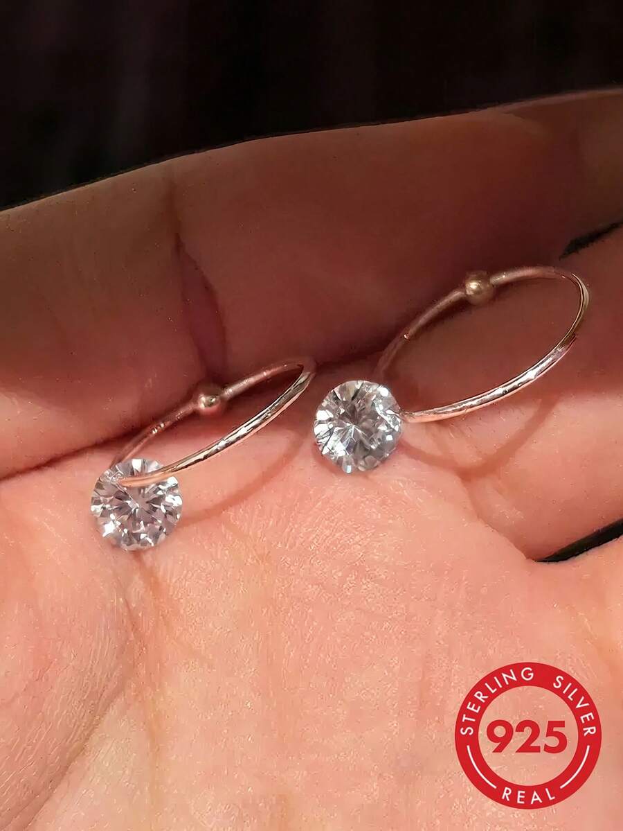 BALMORA 1 Pair Minimalist S925 Sterling Silver Transparent Sparkling Zirconia Pendant Hoop Earrings, Suitable For Women's Daily Commute And Party Wear