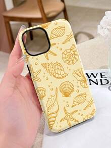 1pc Energetic Girl Style Line Drawing Ocean Shell Vacation Pattern Glossy 2-In-1 Film Full Coverage Hard Phone Case Compatible With Samsung/ 11/12/13/14/15/16/17 Pro Max - Multicolor - View 2