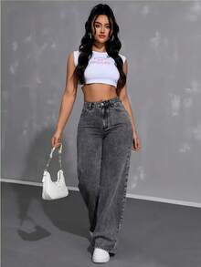 Calça Wide Leg Grafite Pantalona Jeans Feminina Cintura Alta Levanta Bumbum PLUS Size - Chumbo - Visão 4