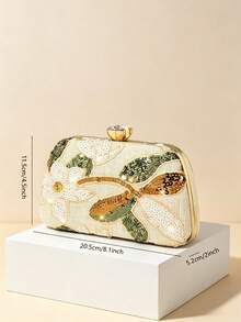 1件新款女式刺繡手提包，時尚復古杏色亮片花卉鏈條晚宴包，迷你方盒包，適合派對女孩、新娘、新婚妻子及白領專業人士參加派對、舞會、婚禮（隨機花紋） - 杏色 - 查看 3