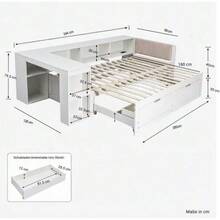 90x200cm Extendable Bed Frame With Desk, Reading Nook, EU Power Socket & 2 Underbed Storage Drawers, All-In-One Space-Saving Bed With Slatted Base,Mat - Matte White - 查看 2