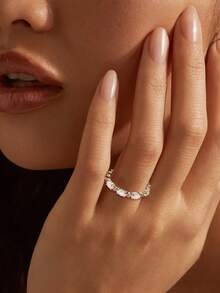 1pc S925 Sterling Silver Micro-Pave Oval Australian Style Ring Band, Elegant Design - Silver - View 1