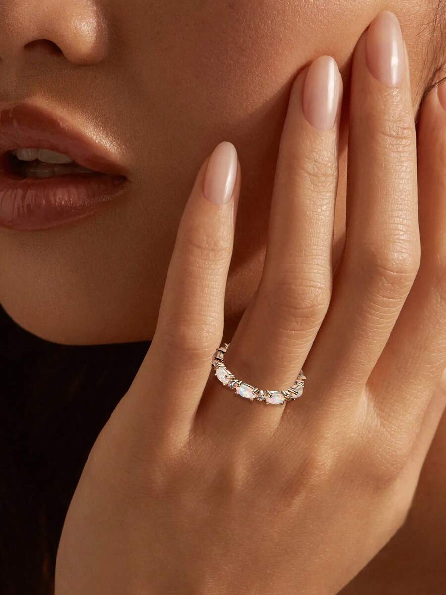 1pc S925 Sterling Silver Micro-Pave Oval Australian Style Ring Band, Elegant Design - Silver - View 1
