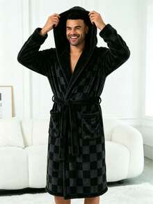 Men's Plaid Flannel Fleece Hooded Robe With Double Pockets And Belt, Soft Fluffy Loose Casual Morning Robe Bathrobe, Autumn/Winter, 1pc - Black - View 1