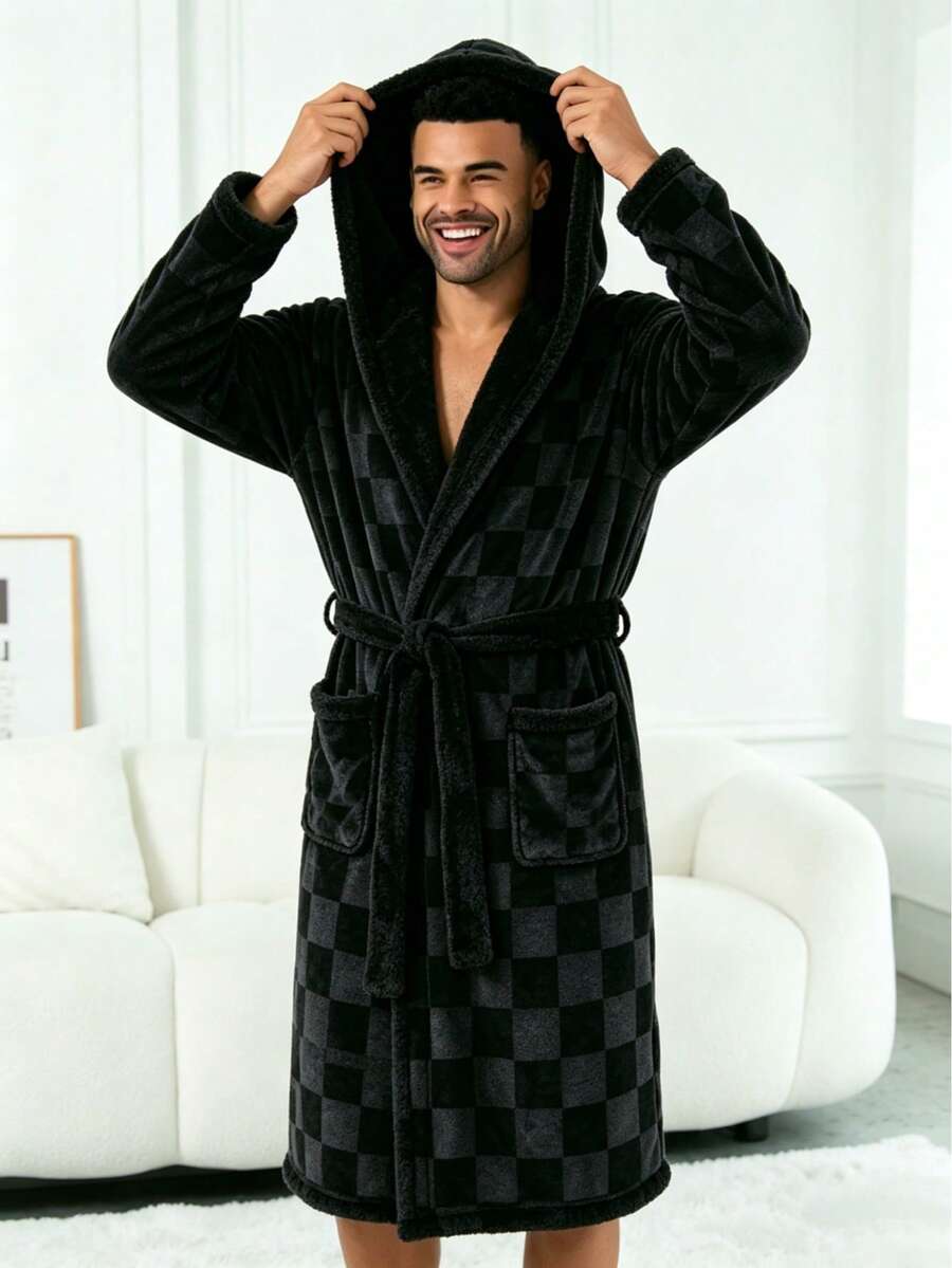 Men's Plaid Flannel Fleece Hooded Robe With Double Pockets And Belt, Soft Fluffy Loose Casual Morning Robe Bathrobe, Autumn/Winter, 1pc - Black - View 1