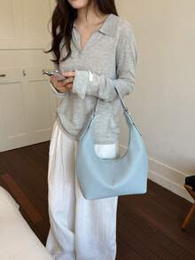 1pc Mini, Minimalist Design Soft PU Solid Color Multi-Function Mini Crossbody Bag, Women's Underarm/Handheld Small Wallet, PU Material, Portable Mini Style - Blue - View 4