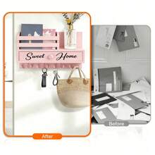 Sweet Home-Like Wood Key & Mail Organizer - Rustic Black Key Holder With Storage Drawer & 8 Hooks, Easy Peel-And-Stick Adhesive Wall Mount For Entryway, Hallway, Mudroom - Wood Cabinet-Free System - Pink - View 8