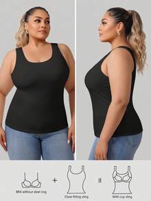 1 pieza Top de tirantes de talla grande con textura acanalada y forro polar cepillado negro, cuello U grande y cuello cuadrado 2 en 1 con relleno de sujetador incorporado sin necesidad de sujetador, top deportivo de yoga capa base para mujer - Negro - Ver 4