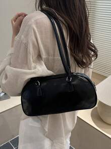 1 pieza Bolso de mano negro de PU liso con cierre de hebilla anular, versátil, casual, de unicolor, minimalista, nuevo de nicho para verano, adecuado para uso diario de mujeres - Negro - Ver 3
