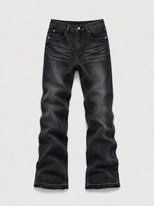 Jeans acampanados para hombres BAZR, pantalones vaqueros de ajuste slim, jeans de campana con parches, jeans apilados Y2K, jeans bordados desgastados, aptos para todas las estaciones - Negro - Ver 1